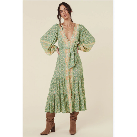 SPELL & THE GYPSY MADAME PEACOCK BUTTON THROUGH GOWN Dress Emerald XS - Picture 2 of 5